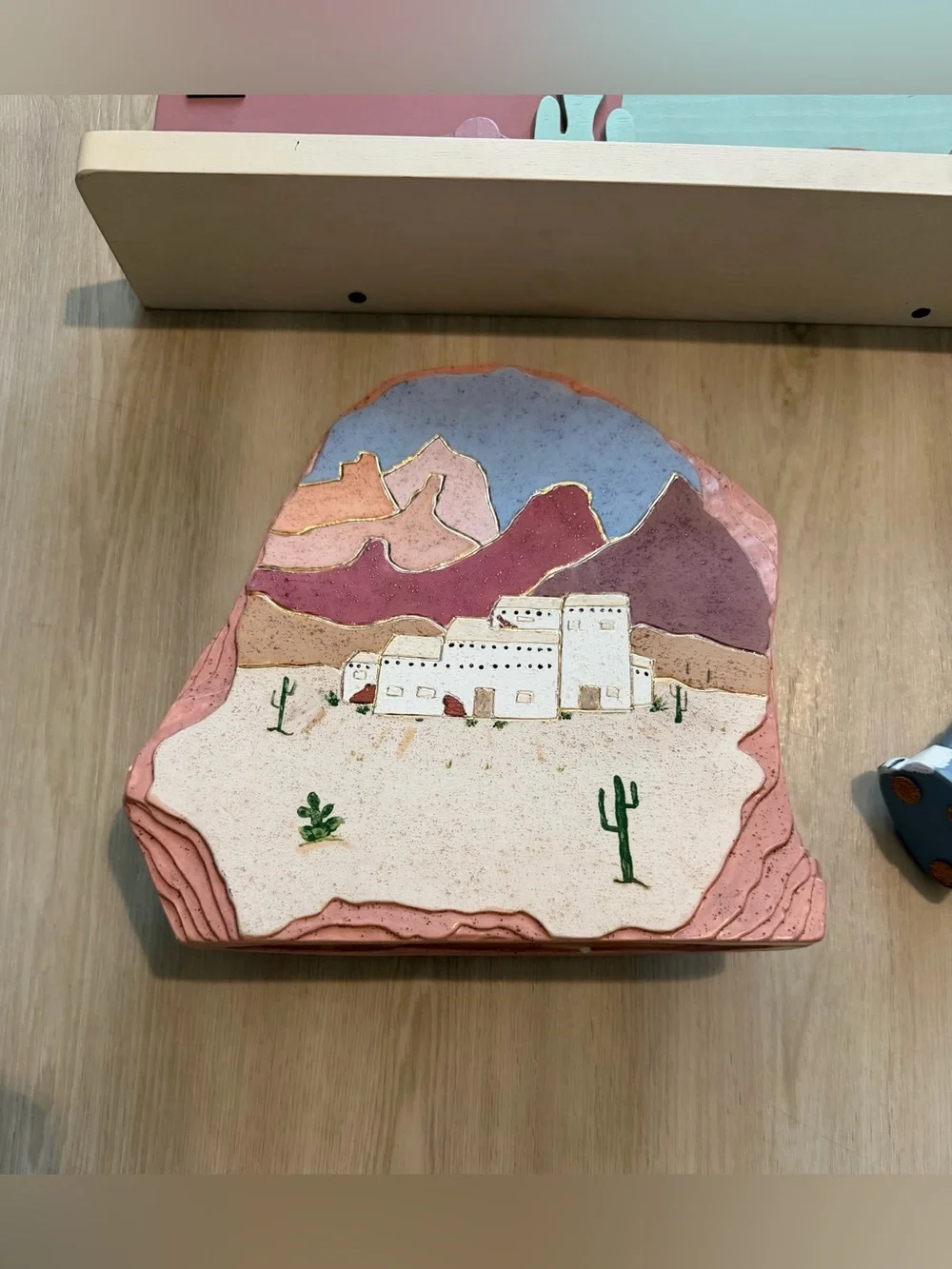 Vintage Lot Of Southwestern Decor Handpainted Faux Scenic Rock / Shelf/ Wolf